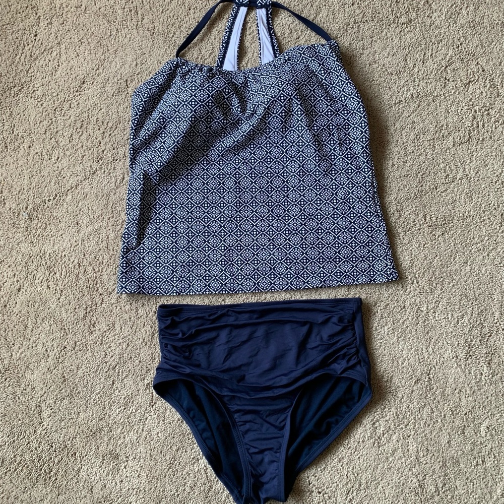 Kona Sol Navy Blue Printed Tankini with Solid High-Waist Bottoms